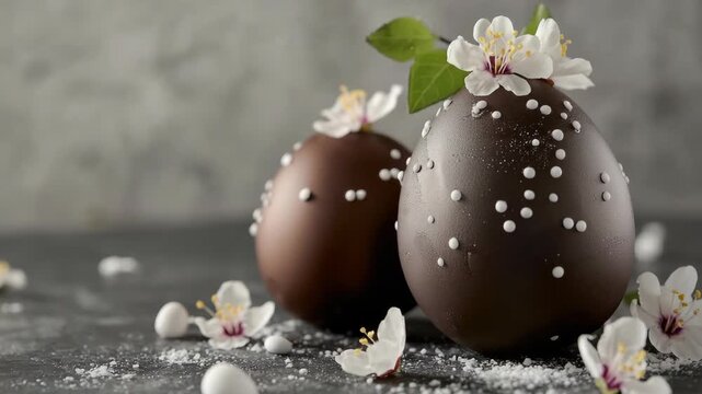 Close-up of chocolate easter eggs with fruit decorations on a table.