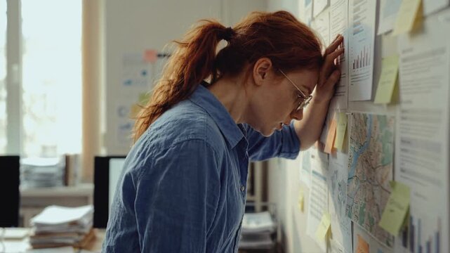 Exhausted businesswoman leaning forehead against wall with sticky notes. Stressed female employee feeling overwhelmed and burnt out in office. Mental health and work pressure concept