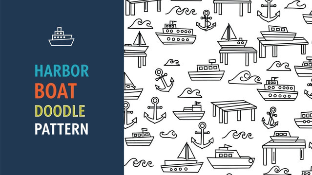 Black outline pattern of nautical doodle boats and anchors seamless repeat