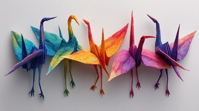 Multicolored Origami Cranes on White Background