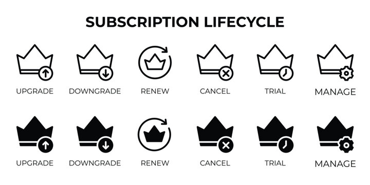 Subscription lifecycle icons with outline and glyph style.