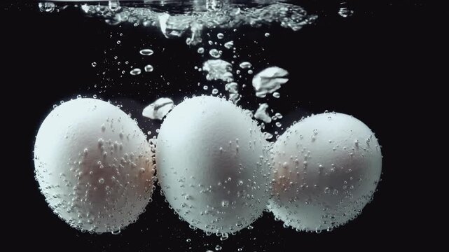 Close-up of three white eggs submerged in boiling water with bubbles rising. Fresh raw ingredients cooking in liquid against a black background. Healthy breakfast preparation concept