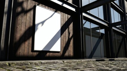 Blank poster frame on wood wall with shadow sunlight