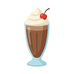 Chocolate milkshake glass with whipped cream and cherry vector illustration