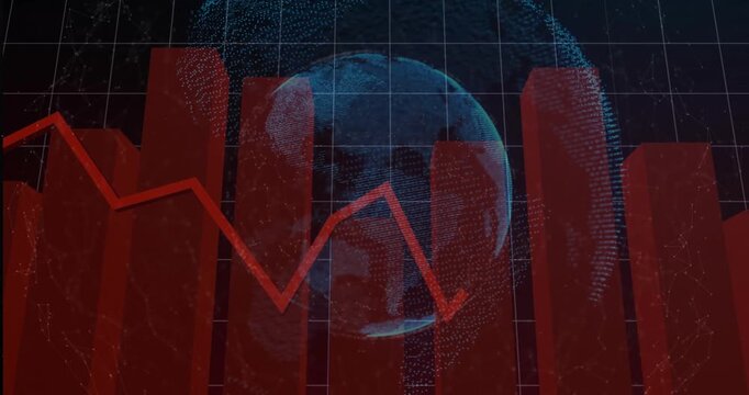 3D globe hologram being rendered at center, showing charts trending downward with glowing node grid
