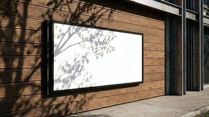 Blank poster frame on wood wall with shadow sunlight