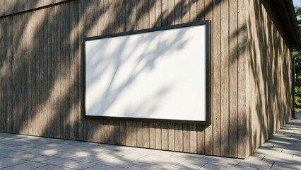Blank poster frame on wood wall with shadow sunlight