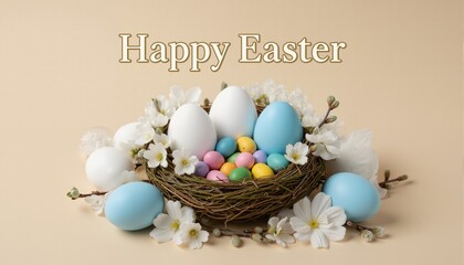 Obraz premium Easter eggs with sweets and flowers on beige. Happy Easter concept. White and blue eggs and cute nest with candy 