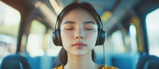 Serene Asian Woman Wearing Headphones Meditating on Public Transit