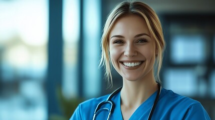 A joyful nurse with a stethoscope smiles warmly, embodying care and compassion in healthcare.