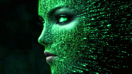 Futuristic Female Android with Green Digital Code