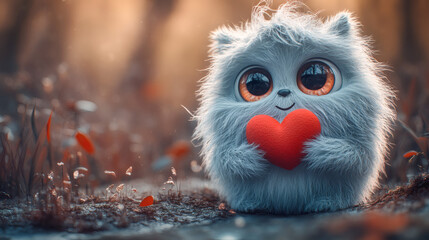 Adorable Fluffy Monster Holding a Red Heart