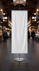 Blank white banner displayed indoors for advertising and mockups