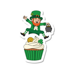 Happy Leprechaun with Pot of Gold Jumping on a St Patricks Day Cupcake Sticker.