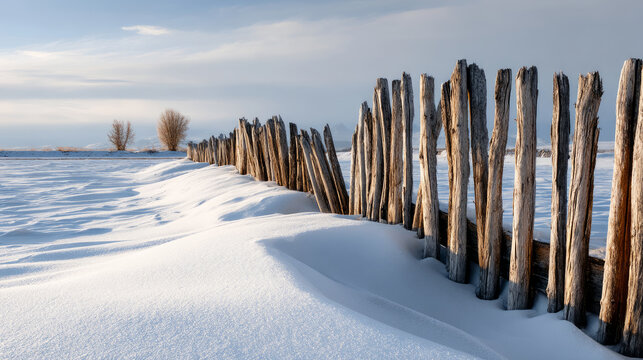 Rustic wooden fence buried in permafrost snow drift Life in permafrost conditions, climate change problems on the planet. Global warming