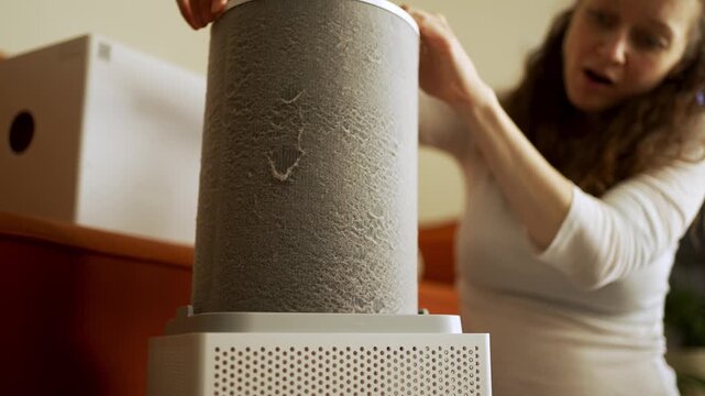 Young woman removes a heavily dust-clogged cylindrical hepa filter from a home air purifier, highlighting routine cleaning and replacement for better indoor air quality and allergy prevention