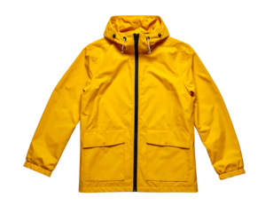 Bright yellow hooded rain jacket with zip and two front pockets
