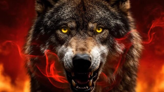 A close-up portrait of a fierce wolf with glowing yellow eyes, set against a red fiery background