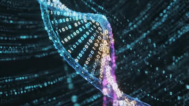 Glowing digital representation of DNA double helix with binary code floating around