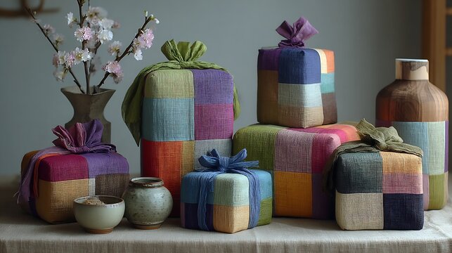 Colorful Gifts Wrapped in Patchwork Fabric on Table