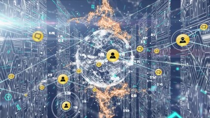 Animation of network of connections over server room - Powered by Adobe