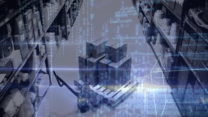 Geometric shapes and data processing against delivery boxes on forklift at warehouse - Powered by Adobe