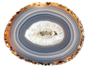 Sliced agate geode revealing concentric banded layers and crystalline quartz interior