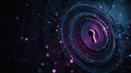 Abstract image with a neon keyhole in the center of concentric technological circles on a dark background, representing the concept of cybersecurity and data protection.