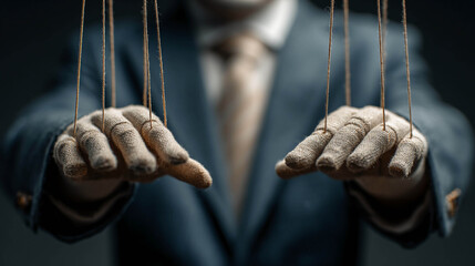 Close-up of a puppet's hands in a business suit with strings attached, symbolizing manipulation, control, and management of people or businesses, representing the concept of a puppeteer.