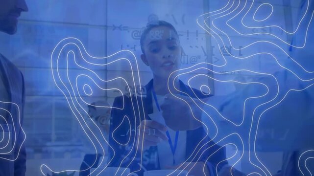 Animation of isohypses over businesswoman in office