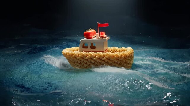 A miniature boat made of pasta sails through stormy ocean waters