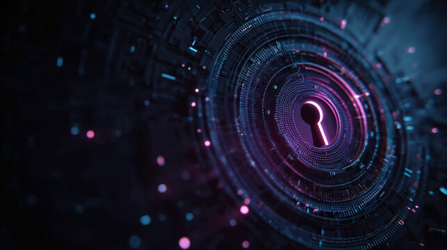 Abstract image with a neon keyhole in the center of concentric technological circles on a dark background, representing the concept of cybersecurity and data protection. - Powered by Adobe