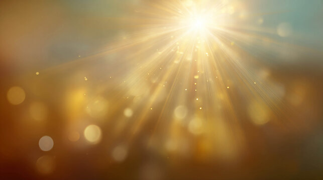 Bright sunlight with rays and a warm orange bokeh on a dark background, creating the effect of a blinding sun and optical glare.
