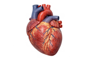 Human heart anatomy illustration showing cardiovascular system structure with arteries and veins, transparent background