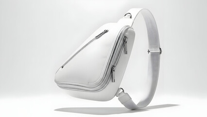 White Leather Fanny Pack on White Background.