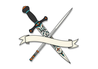 交差した剣とリボンのシンプルなイラスト