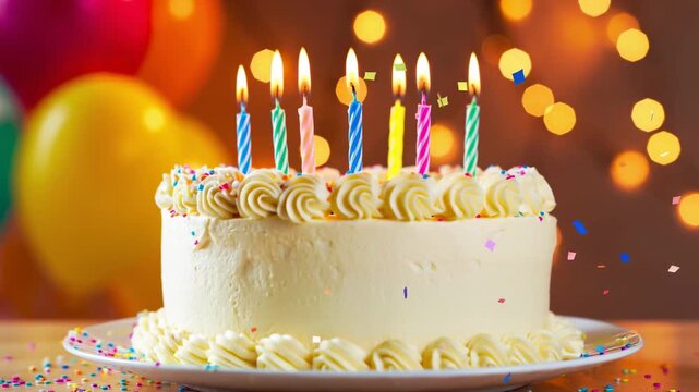 Festive birthday cake with candles, confetti, and bokeh lights, shot at eye level for a celebratory video