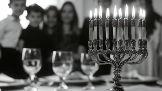 The joy of the holiday season is illuminated by a traditional Hanukkah menorah with its eight lit candles and a shamash.