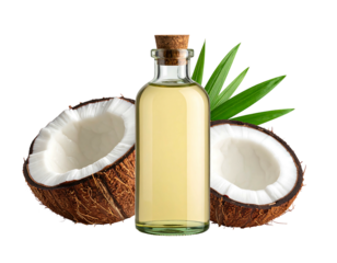 Clear glass bottle of golden oil with halved coconuts and green leaves