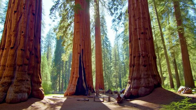 A serene forest scene with giant trees and a person standing near a hollow trunk in a sandy clearing surrounded by tall trees