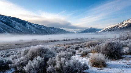Creeping fog and ice covering dormant vegetation in frozen valley. Life in permafrost conditions, climate change problems on the planet. Global warming