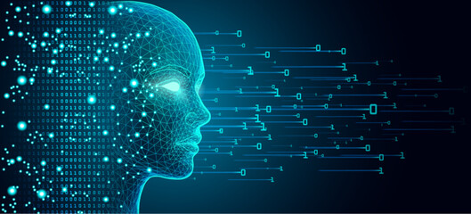 Futuristic AI Head with Glowing Eye and Binary Code Streams on Dark Neural Network Background