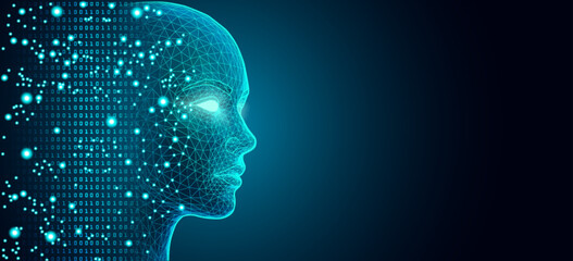 Futuristic AI Head with Glowing Eye and Binary Code Streams on Dark Neural Network Background