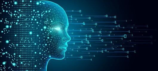 Futuristic AI Head with Glowing Eye and Binary Code Streams on Dark Neural Network Background