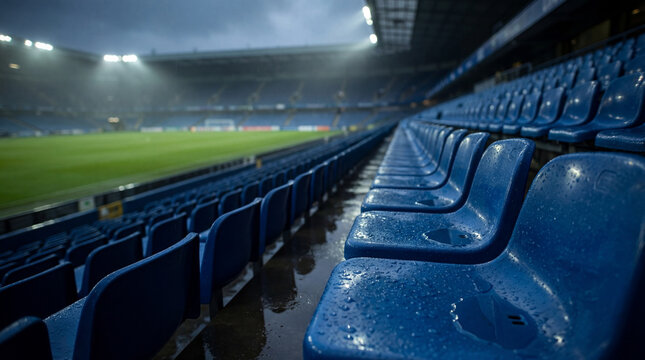 cinematic stadium scene, dramatic rainy weather, empty stadium seats, moody lighting, atmospheric shadows, detailed texture, photorealistic, 8k resolution