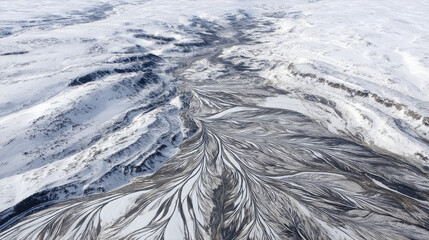 Bird's-eye view of patterned ground from frozen thermokarst landscape. Life in permafrost conditions, climate change problems on the planet. Global warming