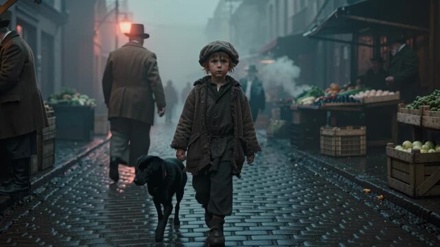 Young boy in tattered Victorian clothing walking with a black dog through a foggy historical market street. Dickensian era scene with cobblestones and period costumes. Cinematic drama
