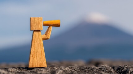 Exploring horizons wooden figure observing through a tele standard in nature artistic perspective visionary concept