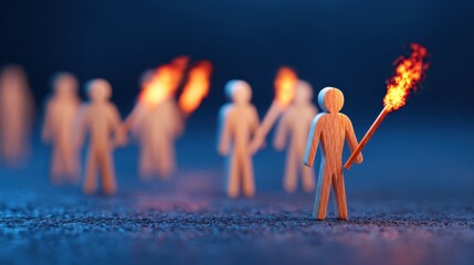 Illuminating the future wooden characters guiding the path with data torches in a digital landscape