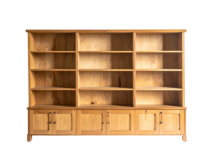 Light wood bookshelf unit with multiple shelves and cabinet doors below